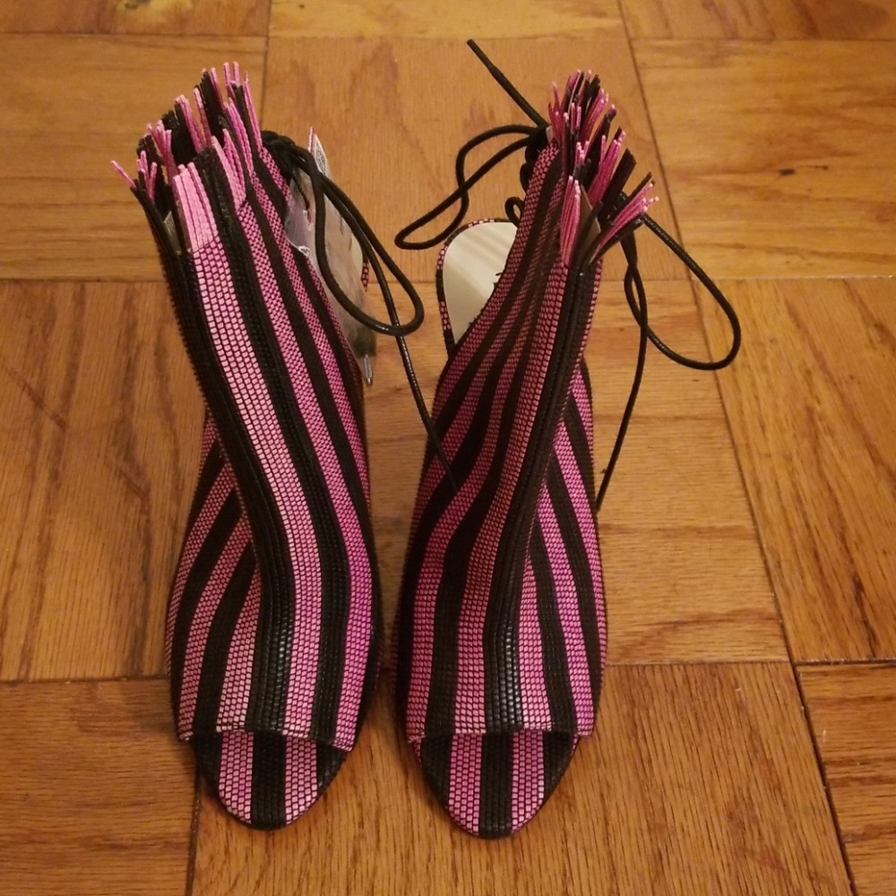 Pink and black striped zara lace-up booties